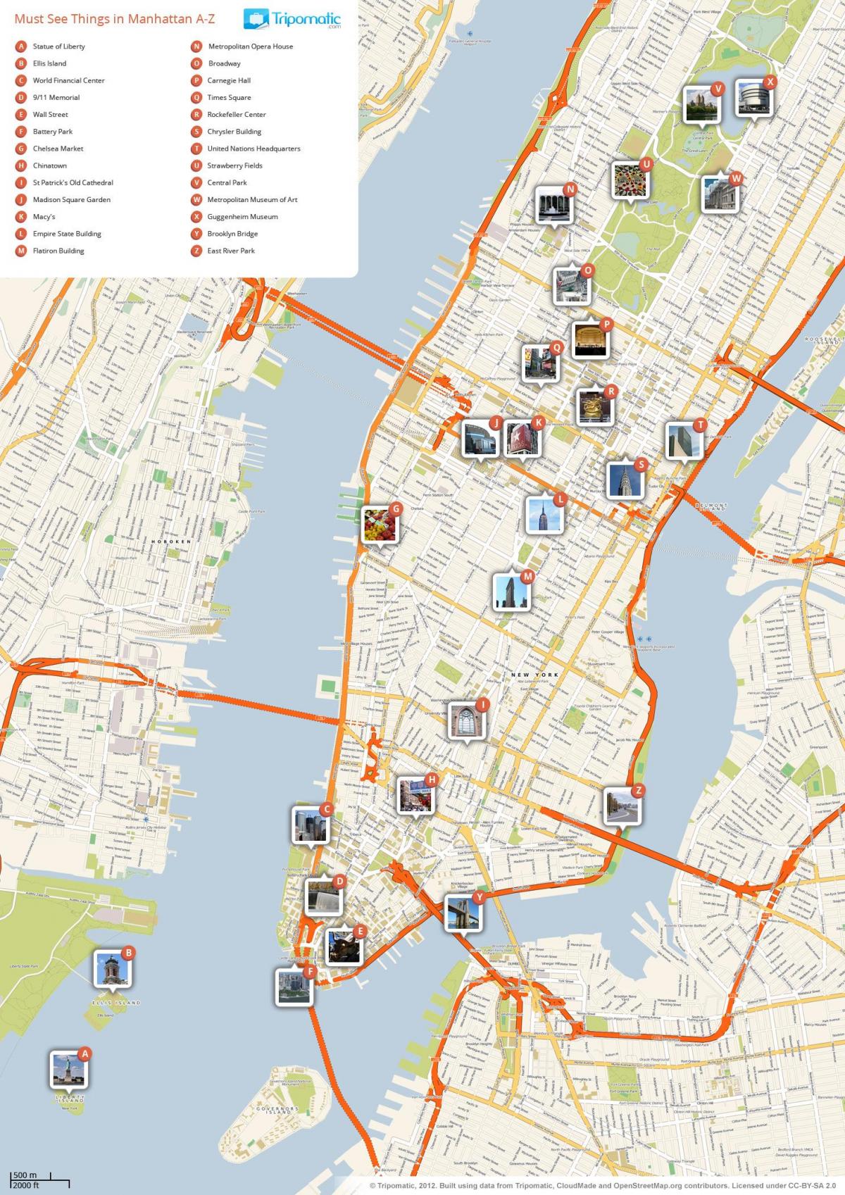 карта на Менхетен покажува туристички атракции