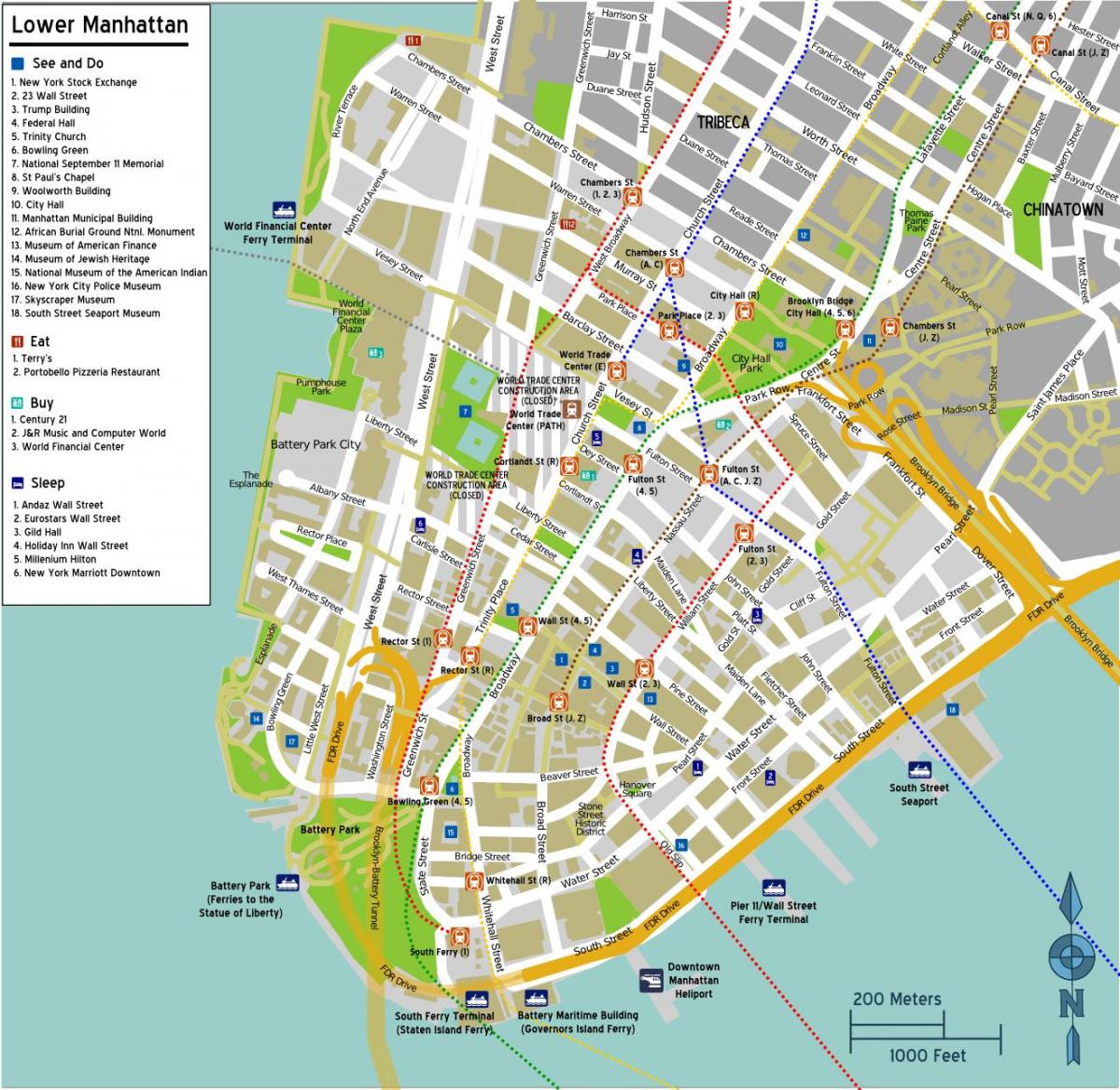 карта на долен Менхетен со улични имиња